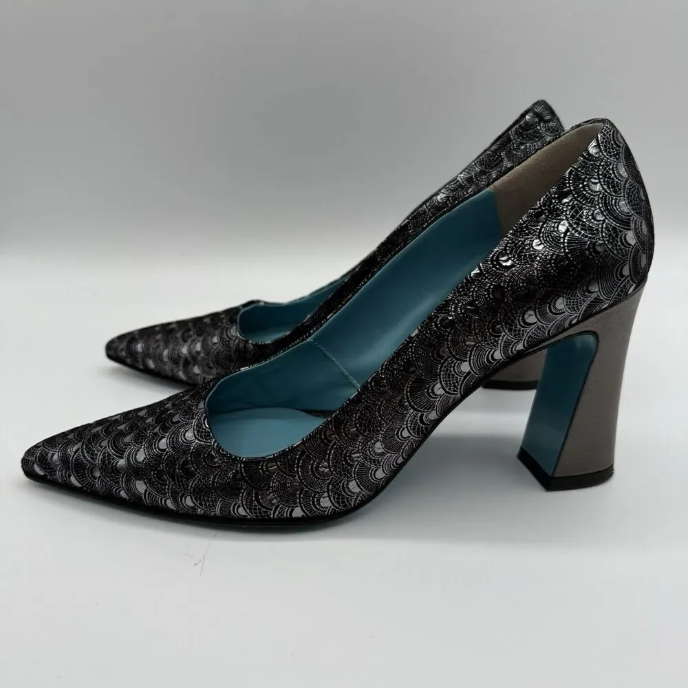 Valentina Rangoni Vintage Black Metallic Pumps 7.5M Pointed Toe Made Italy